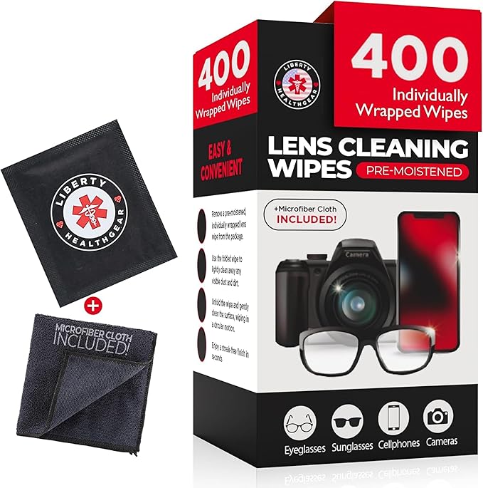 400 Eyeglass Cleaning Wipes + Microfiber Cloth for Eyeglasses & Lens Cleaner | Pre-Moistened, Individually Wrapped, Less Alcohol Formula | Lens Wipes for Eyeglasses, Eye Glasses, Lenses & Screen