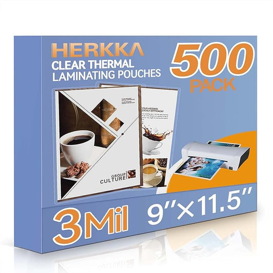 HERKKA 500 Pack Laminating Sheets, Holds 8.5 x 11 Inch Sheets, 3 Mil Clear Thermal Laminating Pouches 9 x 11.5 Inch Lamination Sheet Paper for Laminator, Round Corner Letter Size