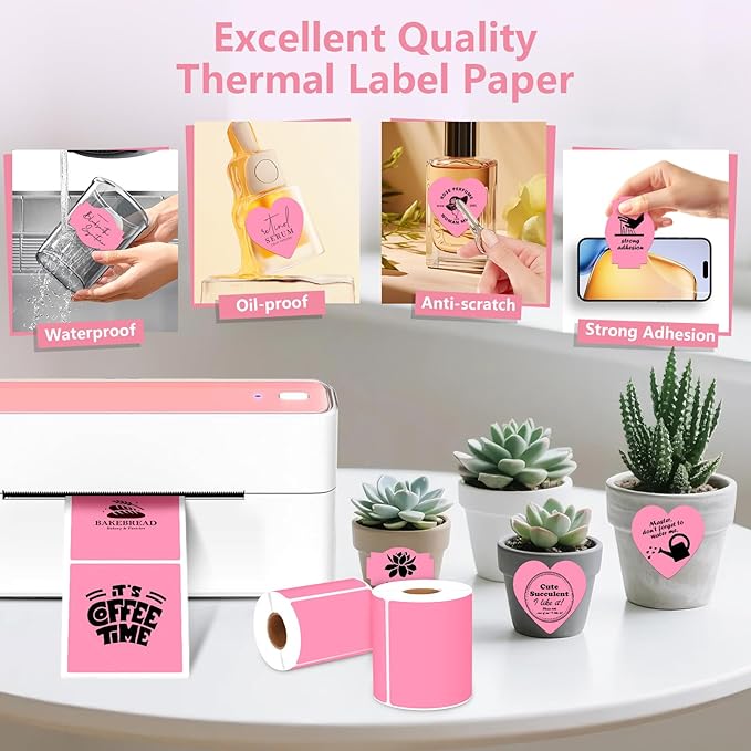 2 Rolls Pink Thermal Labels Personalized & Business Customized Label Stickers for Phomemo 241BT for MUNBYN 130B/RW402B Printers, 600Pcs Waterproof Shipping Label Sheet for Logo/Name/Thanks