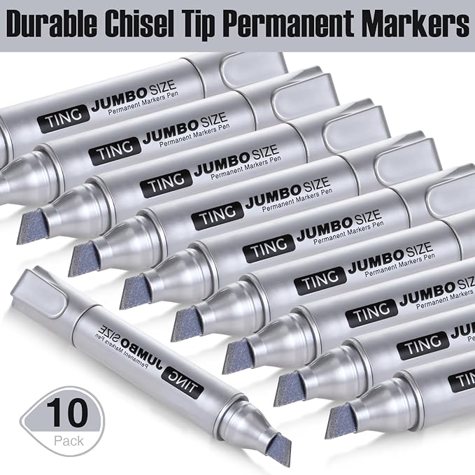 Fuutreo 10 Pack Jumbo Permanent Markers Bulk Large Chisel Tip Permanent Markers Quick Drying Waterproof Big Huge Poster Pens for Office, Logistics Company and More(Silver)