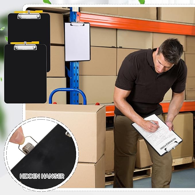 4 Pcs Metal Clipboards with Pen Holder 12 x 9 Inch Black Clip Board with Profile Clip Standard A4 Letter Size Plastic Clipboard Hanging Pen Holder Storage Clipboard for School Students Office Work