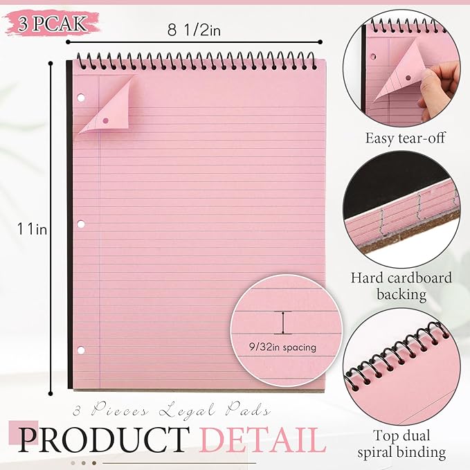 3 Packs 8.5" x 11" Top Spiral Notebook with 3 Hole Punched Legal Pads College Ruled Notepad 50 Sheets Hard Cardboard Paper Wirebound Notepad for Office School Business (Pink)