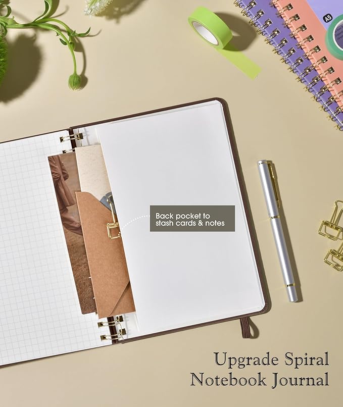 Graph Spiral Journal Notebook, A5 Hardcover Spiral Journals for Women Men, 100 GSM Graph Paper Notebooks, 150 Pages Spiral Bound Grid Notebook for Writing Note Taking Work 5.75" x 8.38", Dark Brown