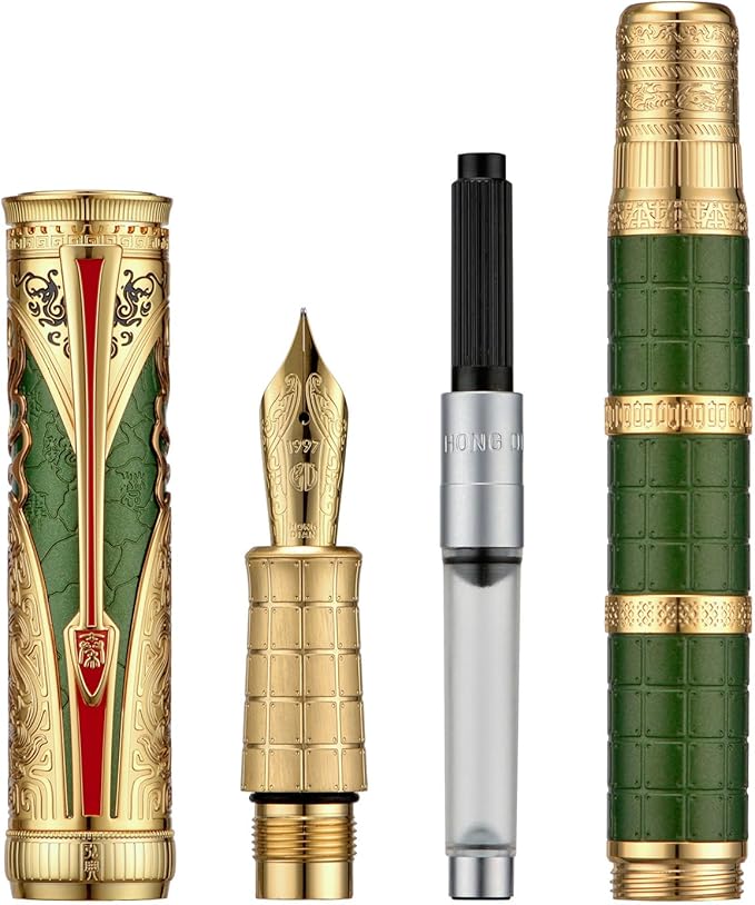 Hongdian D5X Fountain Pen - Green Qin Dynasty Retro Chinese Totem Engraving, Extra Fine Nib, Smooth Writing with Converter and Pen Box Set