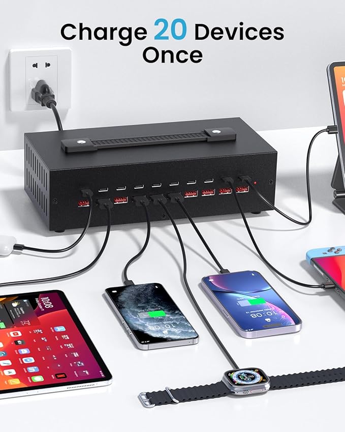 200W USB~c Charging Station, 20 Port (10 USB A & 10 USB~C Port) USB Charger Block, Fast Charging Station for Multiple Devices, Desktop Charger Compatible for iPhone, iPad, Tablets