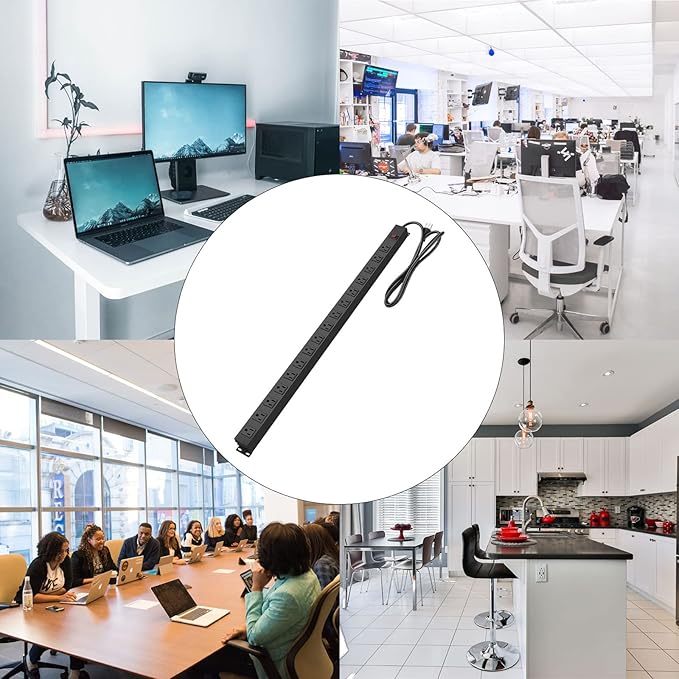 HHSOET 16-Outlet Metal Wall Mount Power Strip, 15 ft 14AWG Power Cord, 15A 125V 1875W, Black