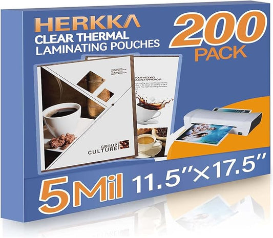 HERKKA 200 Pack Laminating Pouches, Hold 11 x 17 Inch Sheet, 5 Mil Clear Thermal Laminating Paper 11.5 x 17.5 Inch, Round Corner