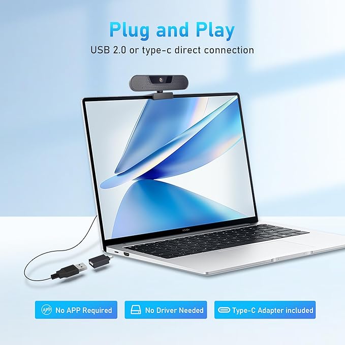 4K Webcam, Computer Camera with 4 Noise-canceling Microphones for Computer/Laptop/Mac, Privacy Cover and Tripod, Work with Video Conference, Live Streaming, Gaming, Video Calls, Zoom