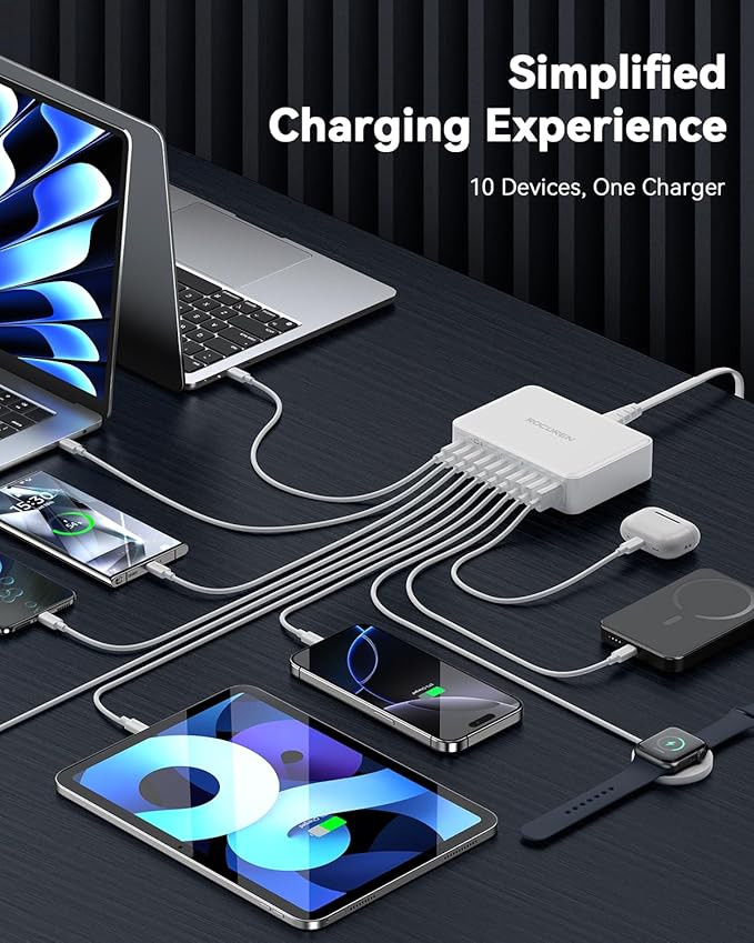 480W USB C Charger Block, Rocoren 10-Ports USB C Charging Station for Multiple Devices,PD 100W Type c Gan Fast Charger Station Multi USBC Charging Hub for Laptop MacBook HP iPad iPhone Samsung