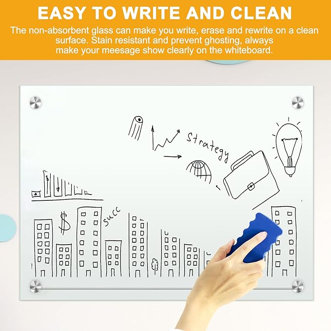 H-Qprobd Dry Erase White Board 48"x36" Glass Magnetic Whiteboard for Wall, Includes 12 Magnets, 8 Markers and 2 Erasers