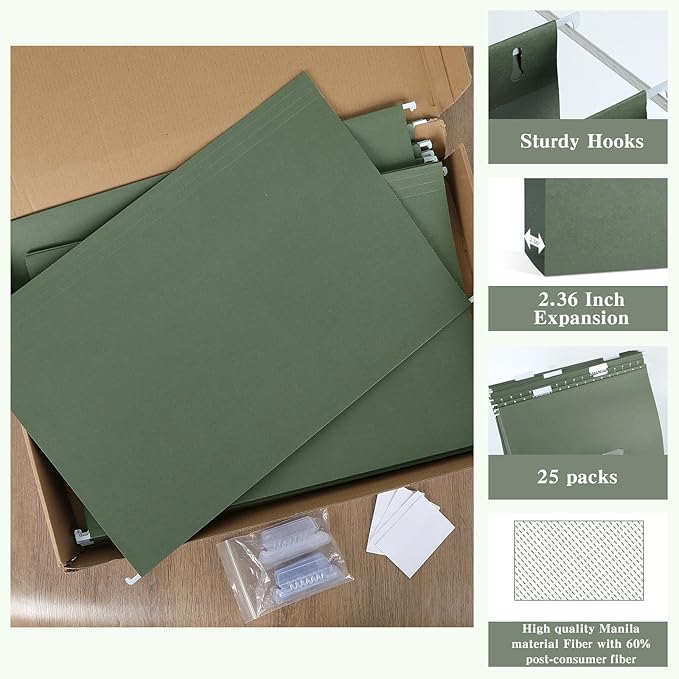gisgfim 25 Pack Reinforced 11x17 Hanging File Folders 1/5 Cut Heavy Duty Hanging File Folders with Plastic Tabs & Label Cards Expanding Hangers File Organizer for Drawing Engineering Document (Green)