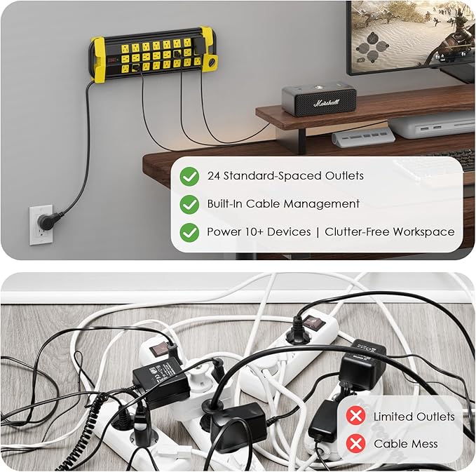 HHSOET Heavy Duty Power Strip with Surge Protection, Industrial Commercial Metal 24 Outlets Wall Mount for Garage Shop, 15 Amp, Switch, 6FT Extension Cord, Black.