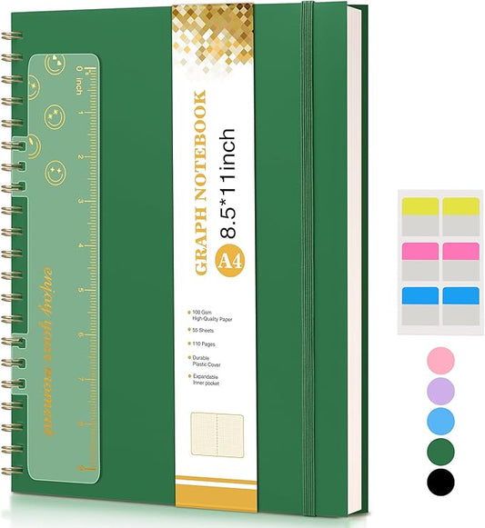 Graph Paper Notebook, Spiral Notebook Journal 8.5” x 11”, A4 Large Grid Notebooks for Women Men, 100 GSM Graph Paper, Plastic Hardcover Spiral Graphing Journals for Work School Engineerin, Green