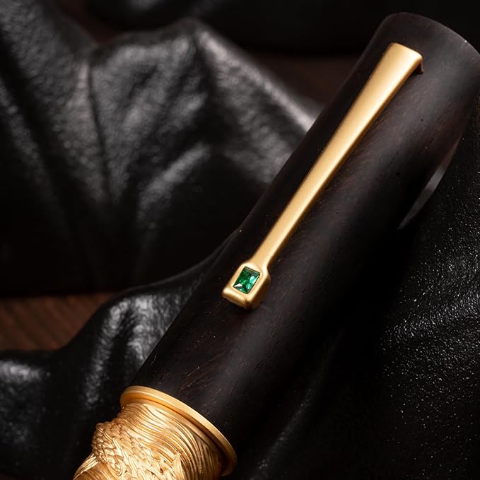 Hongdian N24 Fountain Pen Extra Fine Nib, Golden Dragon Stereoscopic Carving with Red Wood Design
