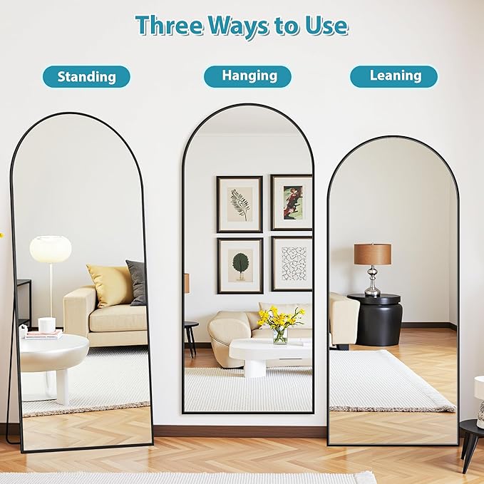 Full Length Mirror, 68"x26" Oversized Floor Mirror Freestanding, Full Body Mirror Floor Standing Mirrors with Stand, Hanging Mounted Mirrors for Bedroom Living Room, Black, Arched Style