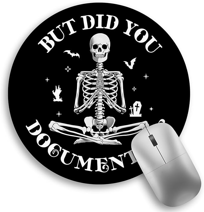 Funny Skull Skeleton Mouse Pad, Small Round Mouse Pads for Desk, Mini Travel Mousepad for Work Wireless Computer Laptop, Office Desk Accessories, But Did You Document It, 8.6 x 8.6 inch
