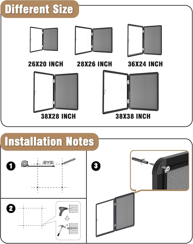 26"x20" Enclosed Bulletin Board, Lockable Weather-Resistant Aluminum Cork Noticeboard for School & Office, Black Frame w/Grey Flet