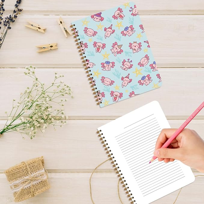 2 Pcs Axolotl Spiral Notebooks for Work, A5(8.3x5.8inch) Composition Notebook College Ruled Note Book, Cute Animal Hardcover Notepads Diary Lined Travel Journal for Writing, Axolotl Gifts for Women