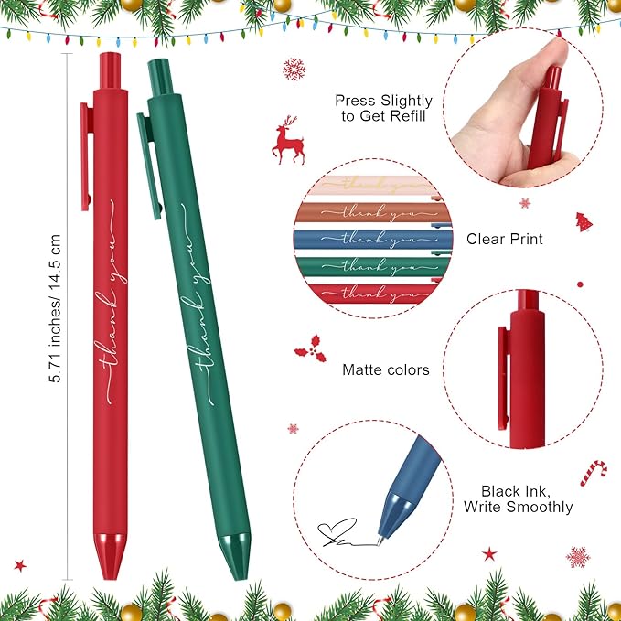 30 Pcs Thank You Pens Bulk Multicolor Ballpoint Pens Thank You Gift for Men Women Employee Appreciation Gifts Holiday Gifts for Teacher Office Party Favors(Christmas Colors)
