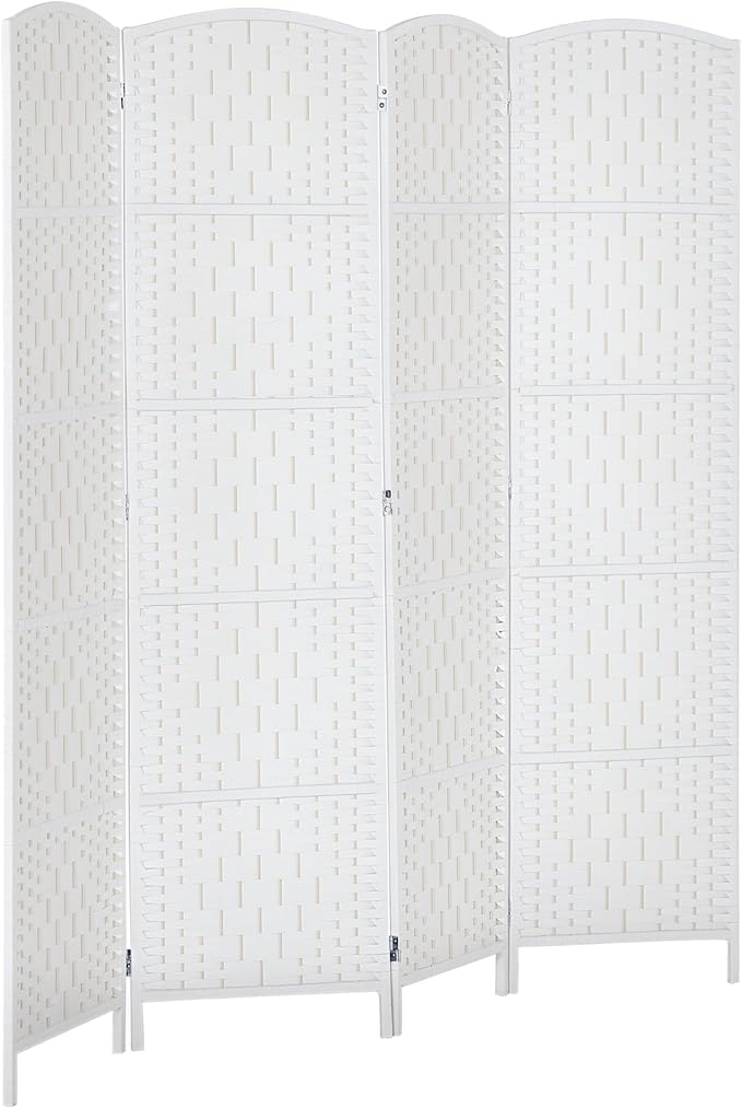 HOMCOM Room Divider, 4 Panel Folding Privacy Screen, 6FT Tall Portable Wicker Weave Partition Wall Divider for Bedroom, Home Office, White