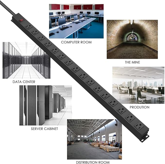 HHSOET Metal Wall Mount Power Strip, 16 Outlets, 3 FT SJT 3/C 14AWG Power Cord, 15A 125V 1875W, Black