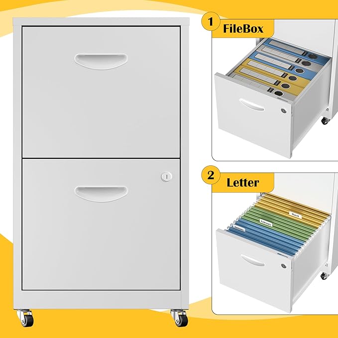 2 Drawer File Cabinet with Lock，White Rolling File Cabinet for Home Office, Metal Small Mobile Filing Cabinets on Wheels for Hanging Letter