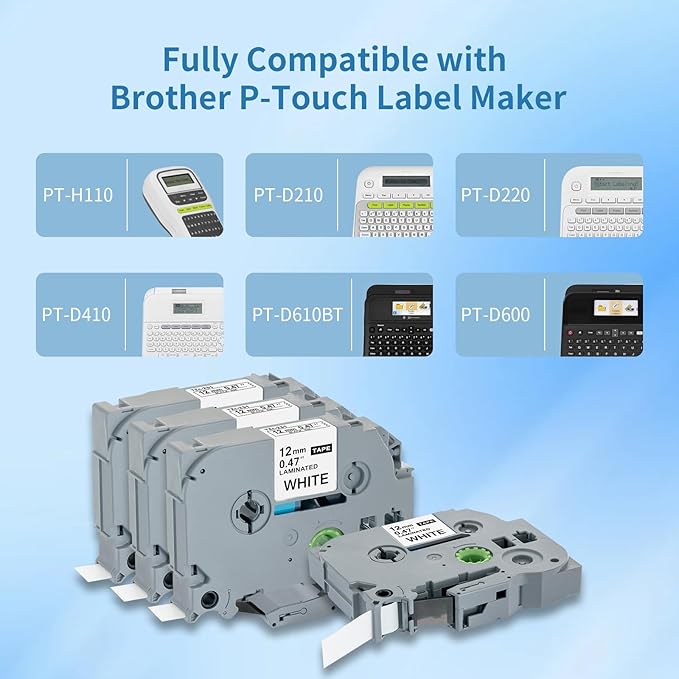 12mm 0.47 Laminated White Tape P Touch Compatible with Brother TZ-231 Tze231 TZ231 for P Touch D220, PTD210 PTH110, Tze TZ Tape 1/2Inch (4 Packs)