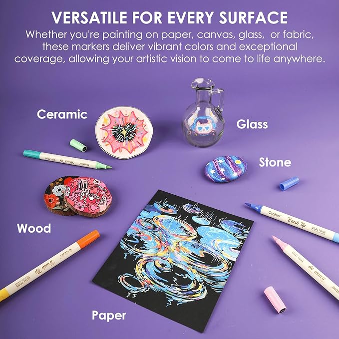 Grabie 120 Colors Dual Tone Brush Tip Acrylic Markers, Dual-Color Paint Markers with 60 Brush Tips, Double Tipped Acrylic Paint Pens for Fabric, Canvas,DIY, Canvas Art Supplies