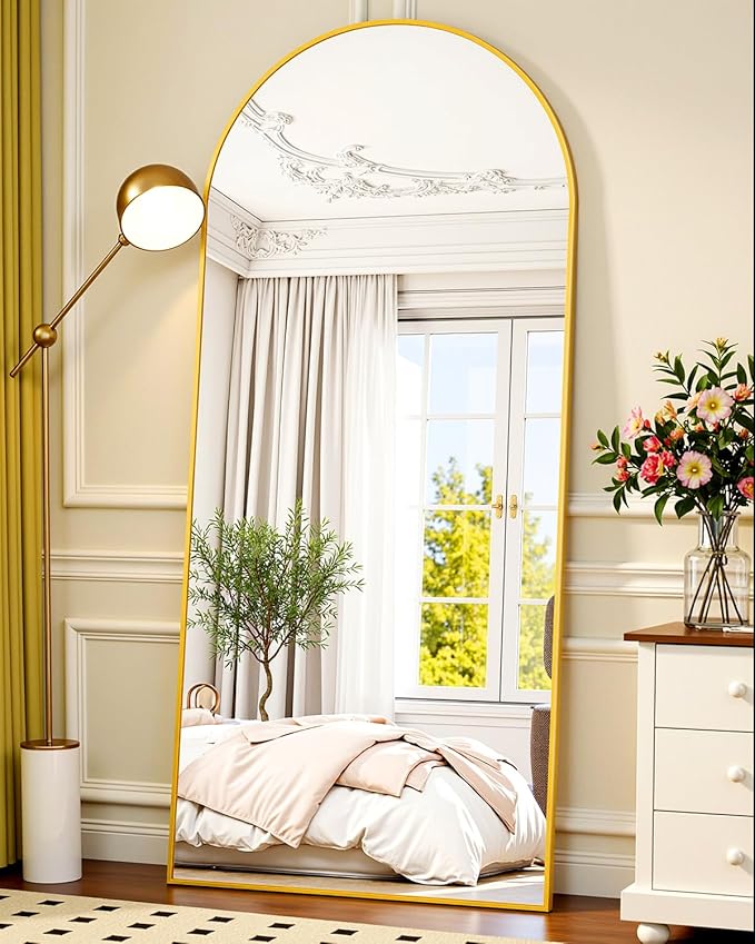 Full-Length Floor Mirror with Stand, 71"x32" Arched Style Full Body Standing Mirror for Bedroom, Living Room, Gym, Dorm - Shatter-Resistant & Easy Assembly, Gold