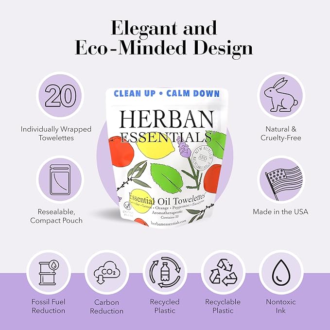 Herban Essentials - Assorted Wipes & Towelettes - Essential Oil Wipes for Hands, Face and Body - Travel Size Essentials and Toiletries - Natural, Individually Wrapped, Disposable and Moist (20 count)