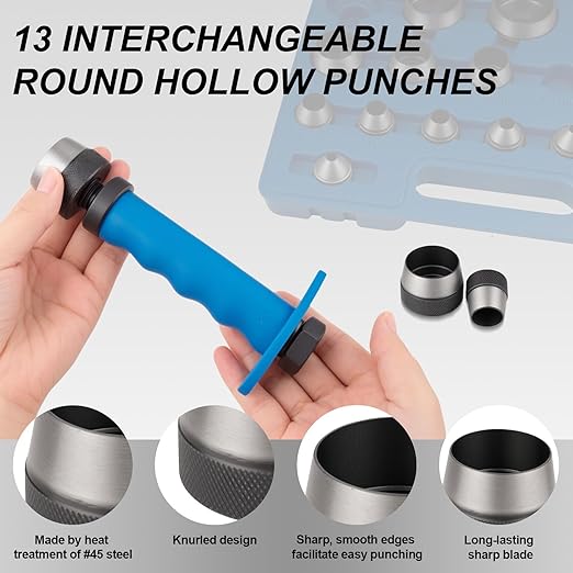 Hollow Punch Set, 14pcs Premium Leather Hole Punch Kit with Pin Point Punch Shaft, Gasket Cutting Puncher for Leather, Rubber & Plastic, 3/16" to 1-3/8"