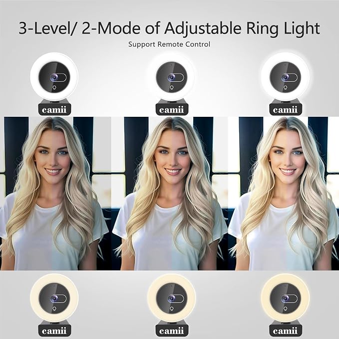 4K Webcam with Light, HD Webcam for PC with Remote Control, Built-in Privacy Cover, Adjustable Brightness, Noise Reduction Mics, for Zoom Skype Teams Laptop and Google Meet