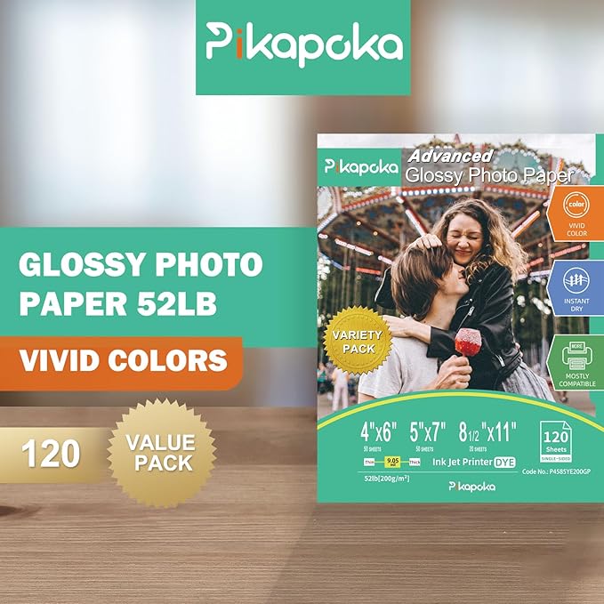 Glossy Photo Paper 4x6, 5x7, 8.5x11, 120 Variety Pack Bulk, Assorted Sizes, Inkjet printer, 52lb/200gsm