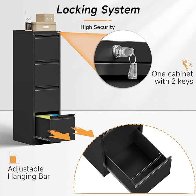 4 Drawer File Cabinet, 17.8" D Metal Filing Cabinets with Lock, Vertical Filing Cabinet for Home Office, Steel File for Letter/Legal/A4/F4 Size, Easy Assemble (Black)