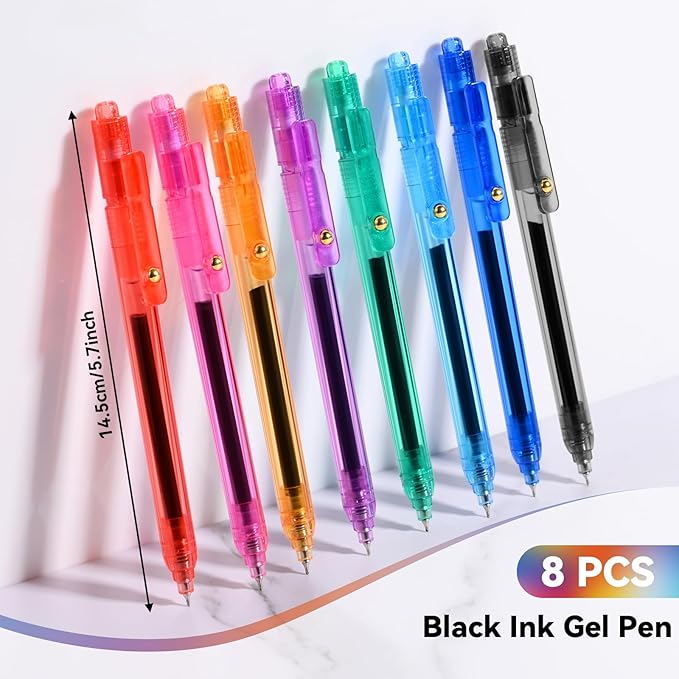 Gel Pens, 8 Pcs 0.5mm Black Ink Fine Point Smooth Writing Pens with 8 Refills, Quick Dry, Retractable Gel Ink Pens, Fun Pens for Teacher, Office, School, Gifts for Women and Men