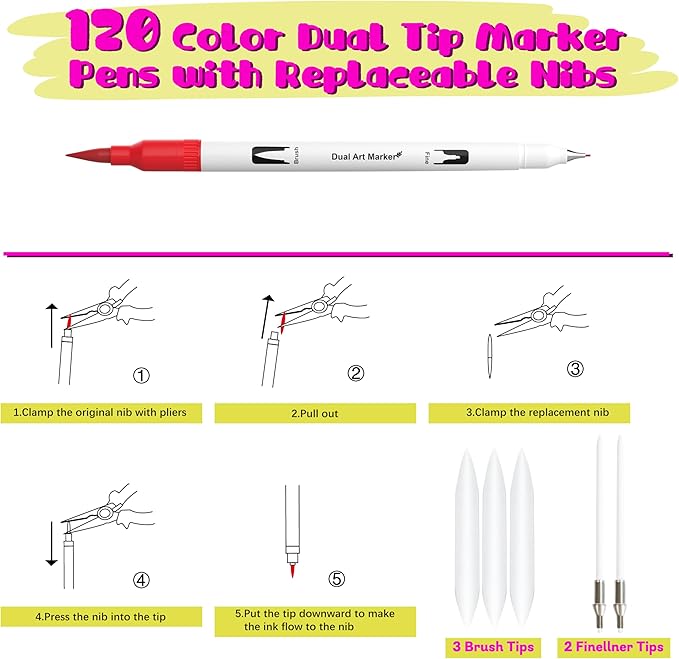120 Color Dual Tips Brush Pens, Fine and Brush Tip Markers with Swatch Card for Adult Coloring, Art Markers Set for Journaling Calligraphy Drawing Sketching Doodling Illustrating