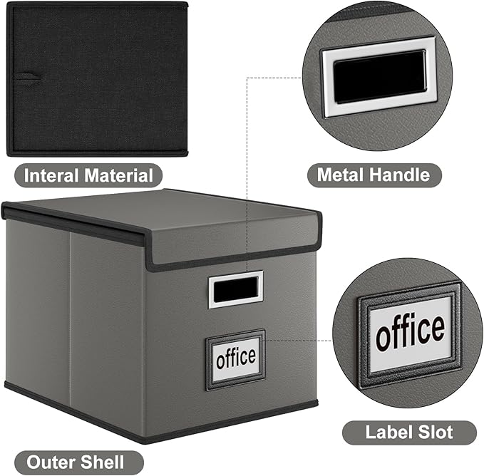 Huolewa Faux Leather File Organizer Box with Lid, Collapsible Hanging File Folder Box Organizer with Plastic Slides, Decorative Home/Office Filing System Boxes for File and Folders Storage