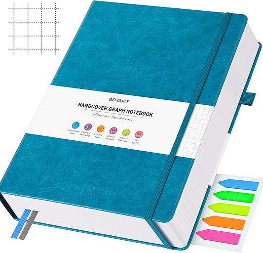 Graph Paper Notebook, 312 Numbered Pages Large A4 Hardcover Leather Journal, 100gsm No Bleed Grid Paper Notebook with Index Pages, Squared Grid Notebook for Graphing Notes Math, 8.5'' × 11'', Blue
