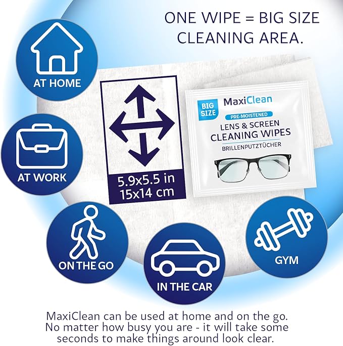 Glasses Wipes Lens Cleaner - Lens Wipes for Eyeglasses - 600 Pre-moistened Individually Wrapped Wipes for Eye Glasses, Electronics, Phone, Computer, Laptop Screen - Camera Lens Cleaner - Made in EU