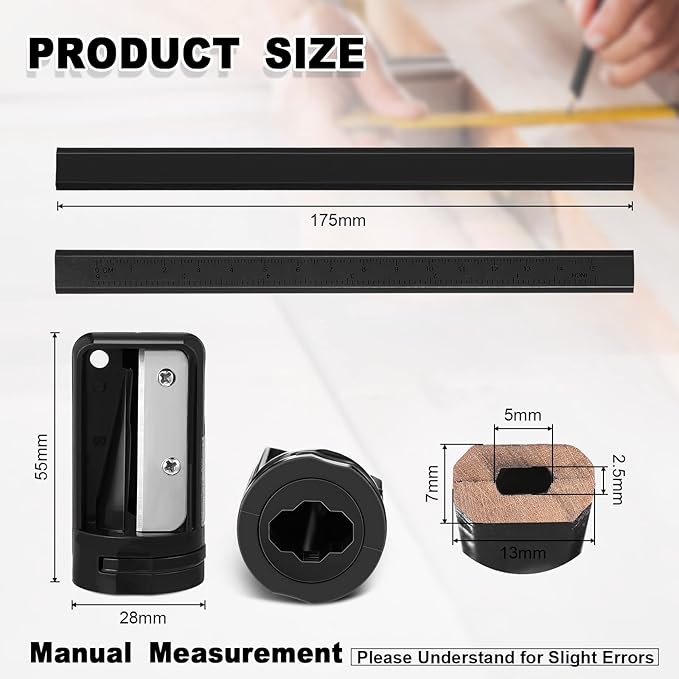 Honoson 200 Pcs Flat Construction Pencils with Printed Ruler Wood Graphite 2 Pcs Carpenter Pencil Sharpener for Woodworking Marking Tool(Black)