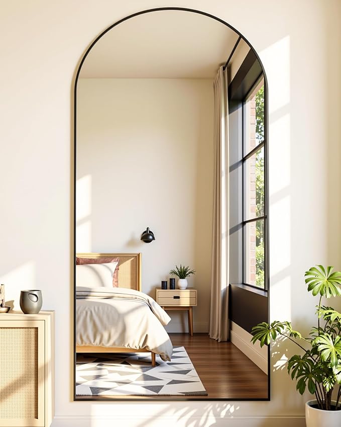 Full-Length Floor Mirror with Stand, 78"x38" Arched Style Full Body Standing Mirror for Bedroom, Living Room, Gym, Dorm - Shatter-Resistant & Easy Assembly, Black