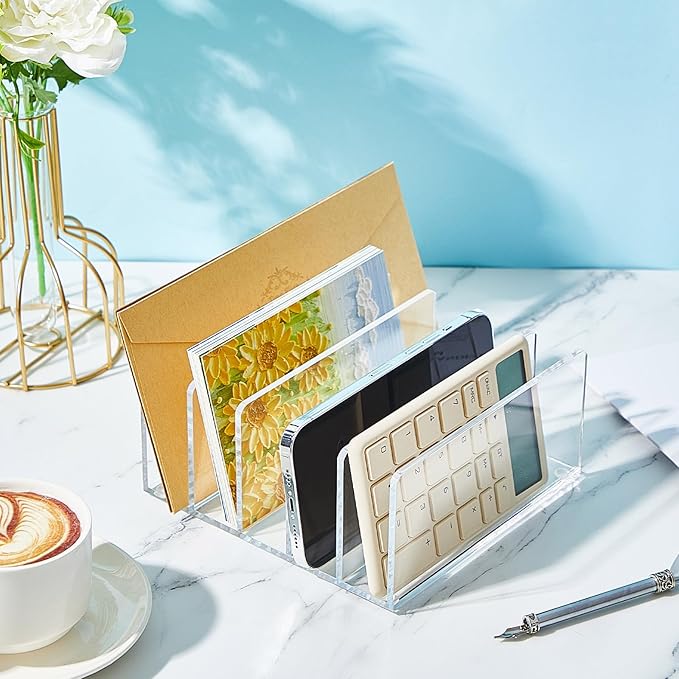 Geyoga 2 Pcs Acrylic File Holder Clear Mail Folder Organizer 5 Sections Multifunction Desktop Storage Letter Sorter Envelope Vertical Dividers for Office, Home, Desk Organization