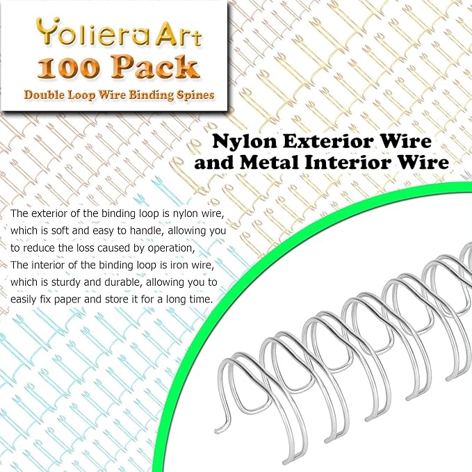 3:1 Pitch Double Loop Binding Wires, YolieraArt 100 Pack Spiral Spine Bindings, 9/16 Inch Wire Twin Binding for Book Binder Machine,Students and Coworkers (120 Sheet Capacity, 100P, Silver)
