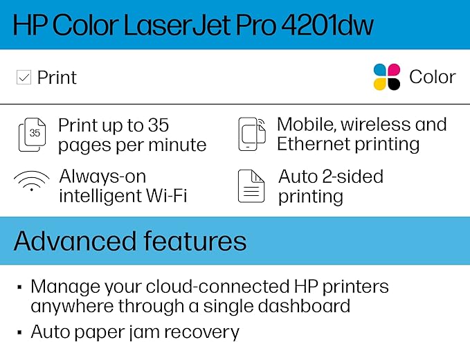 HP Color LaserJet Pro 4201dw Wireless Color Laser Printer, Best-for-Office (4RA86F)