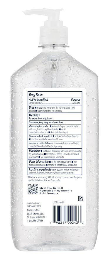 Germ-X Hand Sanitizer, Hydrating with Hyaluronic Acid, 1L Bulk Pack, Instant & No Rinse Formula, Sanitizing Liquid Gel for All Skin Types, Formulated without Parabens, Phthalates & Dyes