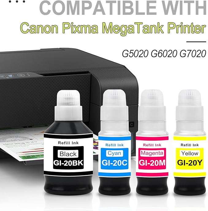 greencycle GI-20 GI20 Refill Ink Bottle Kit 4 Pack, Compatible for Canon PIXMA G6020 G7020 G5020 MegaTank Printer, 170mL Black Ink, 70mL Cyan Magenta Yellow Ink