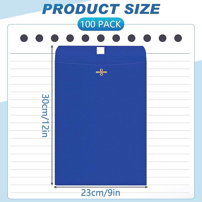 Geyee 100 Pcs Clasp Manilla Envelopes 9 x 12 Inch Gummed Colored Envelopes for Storing or Mailing for Home Office Business Supplies(Navy Blue)
