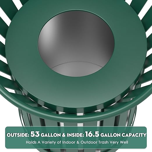 27.6IN Round Large Outdoor Trash Can, Heavy Duty Metal Slatted Garbage Can Outdoor, All Weather Resistant Commercial Garbage Cans, Waste Receptacle in Park, School, Beach, Patio, Green