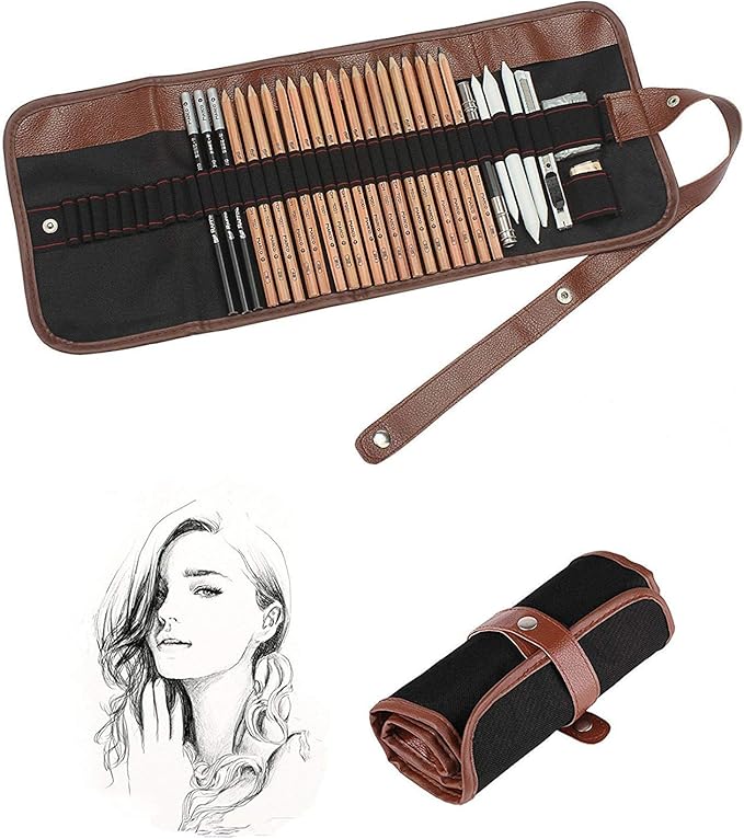 29 Pieces Sketch Drawing Pencil Set Included Graphite Pencils, Charcoal Pencils, Paper Erasable Pen, Craft Knife for Art Beginners