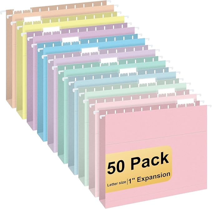Hanging File Folders, 50 Pack Letter Size Hanging File folders with 1/5-cut Tabs, Stay Organized for Your Home and Office Bulk File, Documents and Paper, Macaron 10 Colors